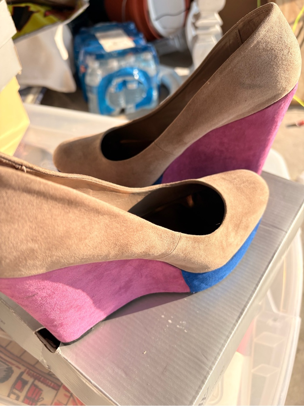 Worthington Beige Suede Wedges with Pink & Blue Contrast Wedge